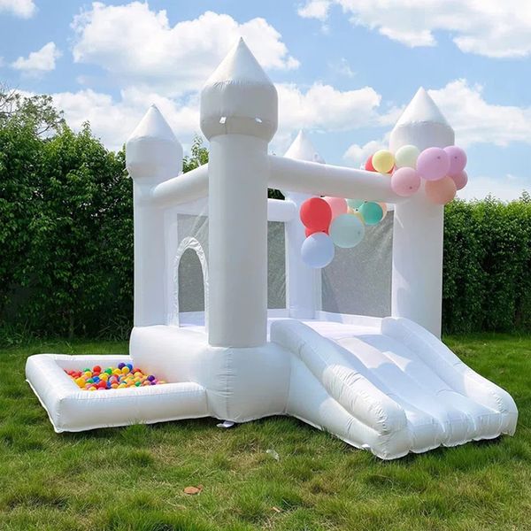 Château gonflable blanc de maison de rebond, château sautant gonflable entièrement en PVC avec fosse à balles coulissantes pour enfants avec souffleur, arrière-cour Durable