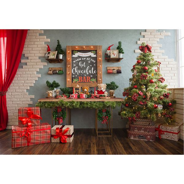 Fondo de fotografía de pared azul de ladrillo blanco impreso cortina roja regalos árbol de Navidad niños fiesta familiar fotomatón fondo