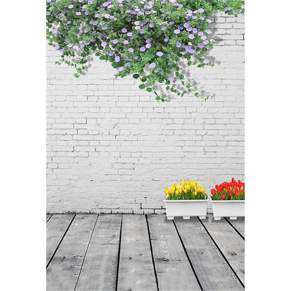 Mur de briques blanches photographie toile de fond imprimé gloire du matin feuilles vertes tulipes pots de fleurs bébé enfants arrière-plans Photo plancher en bois