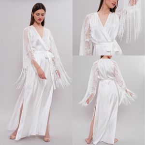 Witte Bruids Badjas Volledige Lengte Lingerie Nachthemd Pyjama's Nachtkleding Tassel Luxury Dressing Jassen HouseCoat Nightwear Lounge Wear