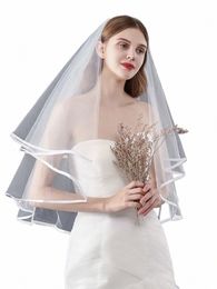 Voile de mariée blanc, forme de côtes à bordure simple double couche, accessoires de mariage en voile léger h6dB #