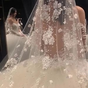 White Bridal Sluiers Parel Kant Rhinestone Sluier 3 Yards Fairy Beauty Dream Wedding Sluier Hoge Kwaliteit Gratis Verzending