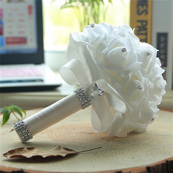 Blanc Bouquet De Mariage De Mariée Coloré Accessoires De Mariage Décoration Demoiselle D'honneur Artificielle Fleur Perles Perles Mariée Tenant Flowe282Q