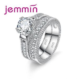 Conjunto de anillos de boda nupciales blancos, joyería de promesa, anillos de boda de piedra CZ para mujer, joyería de plata Original 174r