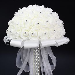Mariée blanche tenant un bouquet rose artificielle poignée de ruban blanc fleurs de mariage de demoiselle d'honneur 20 cm de diamètre nouveau