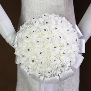 Bouquet de roses artificielles pour mariée blanche, avec poignée en ruban blanc, fleurs de mariage pour demoiselle d'honneur, 20 cm de diamètre, New283G