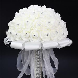 Noiva Branca Segurando Buquê Rosa Artificial Alça de Fita Branca Dama de Honra Flores de Casamento 20 cm Diâmetro Novo247z