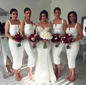Wit bruidsmeisje jurken riem thee lengte satijnen bruiloft gasten bruidsmeisjes meid eer jurken op maat gemaakte plus size prom jurk feestkleding