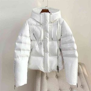 Blanc brillant femmes manteau d'hiver imperméable mode fermeture éclair à capuche épais chaud vers le bas vestes courtes femme parkas vêtements d'extérieur 210923