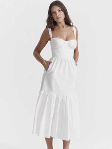 Blanco Broderie Anglaise Sundress Mujer Elegante Holiday Beach Wear Summer Midi Dress