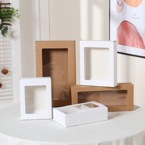 Caja de regalo tipo cajón de papel Kraft marrón blanco con ventana de PVC transparente Ropa de boda Calcetines Cajas de embalaje de ropa interior LX4052