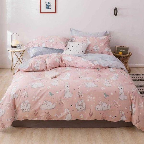 Lapin blanc lapin rose housse de couette ensemble linge de lit en coton double reine roi drap plat drap housse literie T200414321c