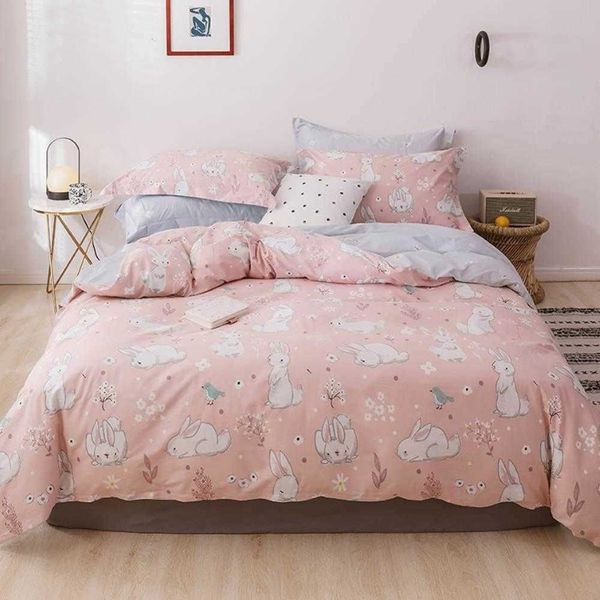 Lapin blanc lapin rose housse de couette ensemble linge de lit en coton double reine roi drap plat drap housse literie T200414263H