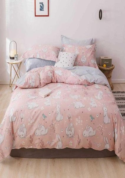 Bunny lapin rose couette de couette coquette en coton lit de coton twin queen king feuille plate litière de feuille ajustée T2004149324787