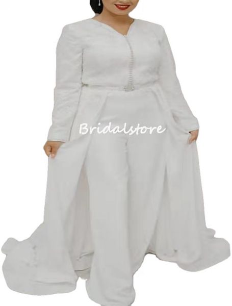 Caftan blanc robe de mariée algérienne 2022 grande taille à manches longues combinaison Boho robes de mariée avec tailleur-pantalon perles dentelle musulmane mariée robes de soirée Sexy Robe De Mari￩e