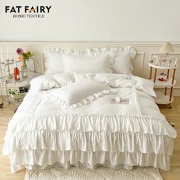 Witte Taart Lagen Grote Kanten Ruches Meisjes Dekbedovertrek Set Kussenslopen Bed Rok Of Laken Sprei Prinses Beddengoed 240112