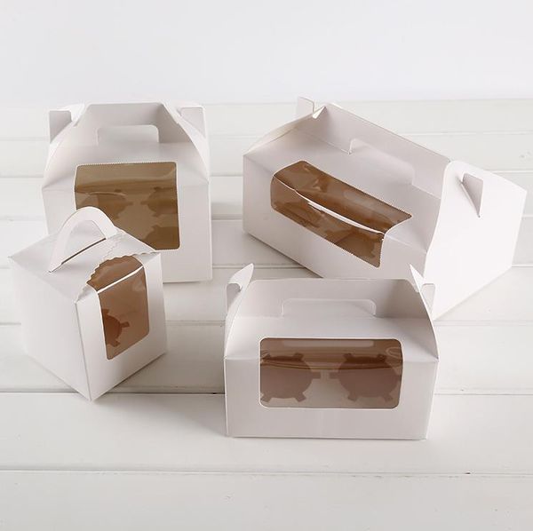 Boîtes à cupcakes en papier cartonné blanc Boîtes d'emballage de gâteaux avec poignée Boîte à muffins à fenêtre transparente SN787