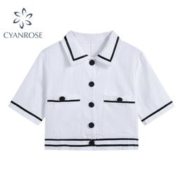 Blanc Cardigan Chemises Tops Revers Élégant À Manches Courtes Style Preppy Crop Blouses Femme Streetwear Harajuku Sexy Mode Blusas 210515