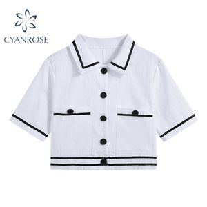 Blanc Cardigan Chemises Tops Revers Élégant À Manches Courtes Style Preppy Crop Blouses Femme Streetwear Harajuku Sexy Mode Blusas 210417