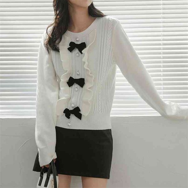 Cardigans blancos suéter con volantes Bowknot Mujeres de moda tops recortados Tops de manga larga corta Jersey Puente 210601