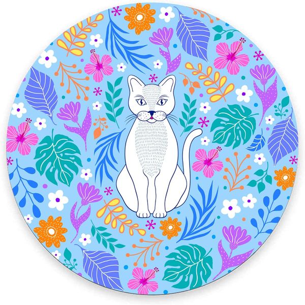 Chat blanc avec tapis de souris rond floral coloré tapis de souris de jeu tapis de souris circulaire étanche Base en caoutchouc antidérapant pour le bureau