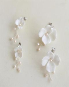 Witte keramische bloem oorbellen Bruiloft Bridale sieraden Set zoetwaterparels bloemen bloemen oorbel mode charme laten vallen lange drop2771534