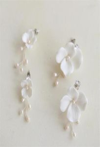 Witte keramische bloem oorbellen Bruiloft Bridale sieraden Set zoetwaterparels bloemen bloemen oorbel mode charme laten vallen lange drop4310481