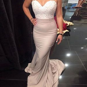 Witte Champagne Lange Mermaid Prom Dresses Sweetheart Spaghetti Kant Satijn Backless Avondjurken Sweep Trein Snelle Verzending 2017