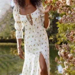 witte chiffon boho bloemen jurk vrouwen zomer herfst lace up spleet maxi lange mouw elegante vintage 210427