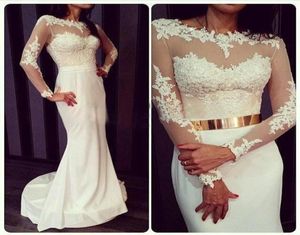 Witte chiffon kanten appliques prom jurken lange mouwen met gouden metalen riem 2019 sexy zeemeermin feestjurken avondkleding goedkoop2935086