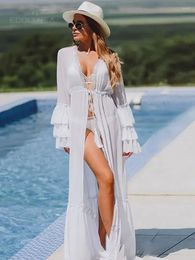 White en mousseline de soie à manches longues à manches longues pour femmes à manches longues Robe de plage de plage Kimono Elegant Elegant Copin