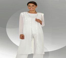 Witte chiffon lange mouwen moeder van de bruid broekpakken met lange blouse pailletten kralen moeder van de bruidegom jurk52429864586090