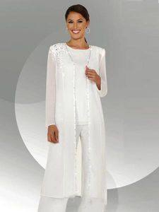Witte chiffon lange mouwen moeder van de bruid pant pakken met lange blouse pailletten kralen drie stukken moeder van bruidegom pant suit b283w