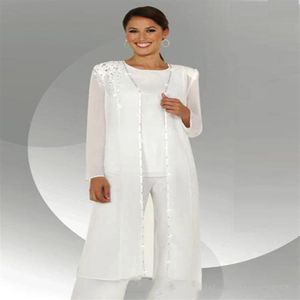 Weißer Chiffon-Hosenanzug für die Brautmutter mit langen Ärmeln, langer Bluse, Pailletten und Perlen, dreiteiliger Hosenanzug für die Mutter des Bräutigams, B207e