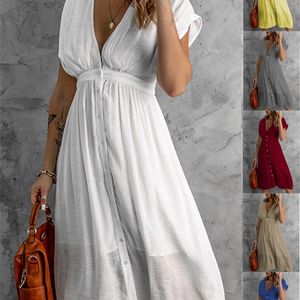 Vestido Midi de gasa blanco para mujer, vestido Sexy de verano con cuello en V y botones para oficina, fiesta, moda informal, tul liso largo W220421