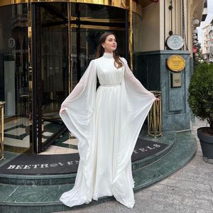 Witte Chiffon Moslim Galajurken Hoge Hals Lange Mouwen Plooi Islam Vrouwtjes Formele Jurk Vestidos De Fiesta