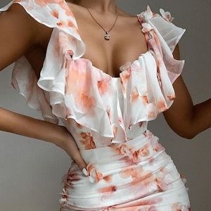 Robe de soirée moulante en mousseline de soie blanche, sexy, épaules dénudées, boho, mini robe froncée, robe à imprimé floral, 210415