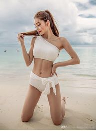 Wit Chiffon Badpak Vrouwelijke Tweedelige Een Schouder Bikini Set 2020 Bandeau Badmode Vrouwen Hoog Uitgesneden Badpak 002