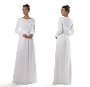 Vestidos de dama de honor modestos del templo de gasa blanca con mangas largas Vestidos de recepción informales para novias Una línea hasta el suelo Nuevo personalizado 2682