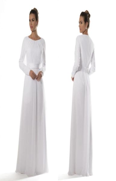 Vestidos de dama de honor modestos del templo de gasa blanca con novias de mangas largas vestidos de recepción informales aline longitud de piso nuevo personalizado 7880887