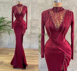 Vintage Hoge Hals Bordeaux Avondjurken Met Lange Mouwen Sexy Zeemeermin Hoge Split Staaflijst Avondjurken Formele Gelegenheid Prom Draagt