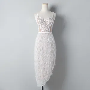 Vestido de cóctel blanco, vestido de verano con plumas para mujer, vestido sexi con espalda descubierta y tirantes finos, vestidos de noche irregulares hasta la rodilla