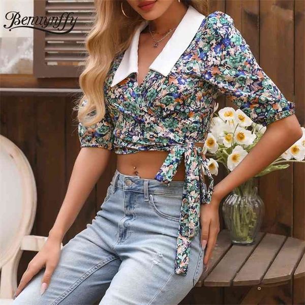 Col blanc Floral Print Wrap Blouses Femmes Summer Puff Sleeve Crop Top Boho Casual Bow Tie Taille Dames Blouse 210510