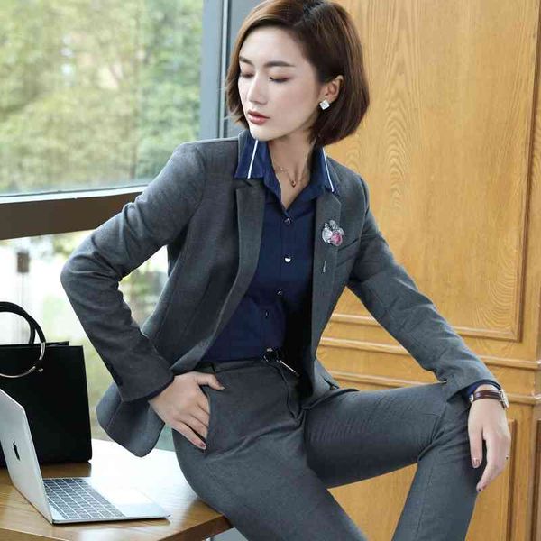 Col blanc vêtements professionnels femmes costume automne et hiver OL slim grande taille gris blazer pantalons décontractés dames 210527