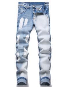 Wit kleurblok blauw slim-fit herenjeans stretch recht hiphop streetwear lente casual katoenen denimbroek
