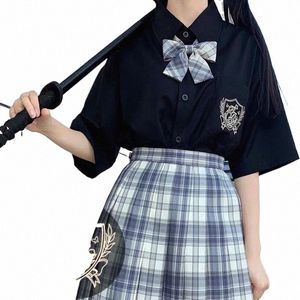 Blanco Cott japonés verano estudiante escuela niñas Jk uniformes marineros traje de manga corta bordado negro camisa blanca mujeres tops v6LK #