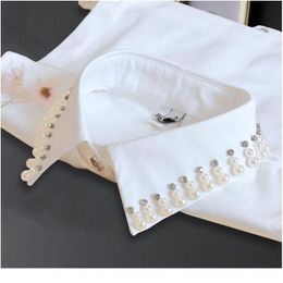 Camisas de cuello falso de algodón blanco Mujeres Perla Borla Collar falso Mujeres Collares desmontables para suéter Nep Kraagje Blusa JllIpv329z