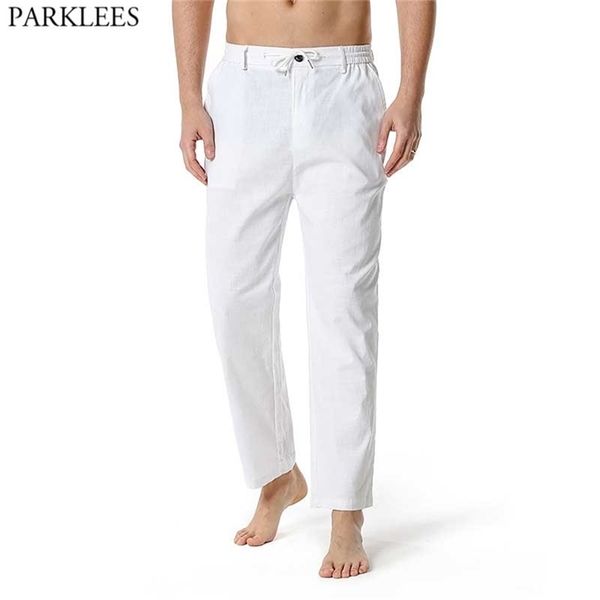 Blanc coton lin pantalon hommes décontracté lâche léger Yoga pantalon hommes été plage longue avec cordon bouton braguette 210715