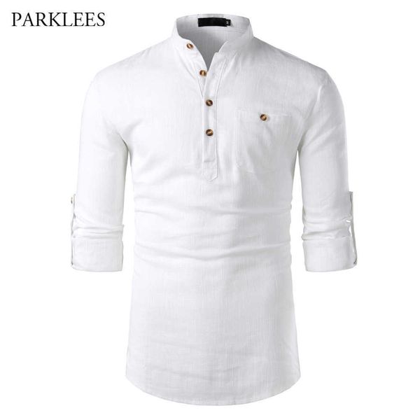 Blanc Coton Chemise En Lin Hommes Col Montant À Manches Longues Hommes Chemises Habillées avec Poche Casual Business Work Chemise Homme Tops 210721