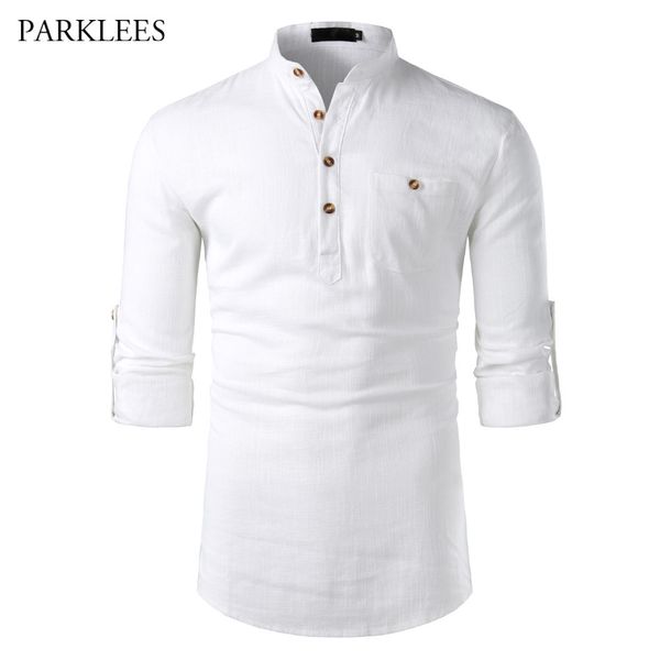 Chemise en lin de coton blanc hommes col montant à manches longues chemises habillées pour hommes avec poche décontracté affaires travail Chemise Homme hauts 210410